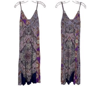 Lucky Brand Purple Paisley Midi Dress Braided Rope Straps Boho Cotton Modal